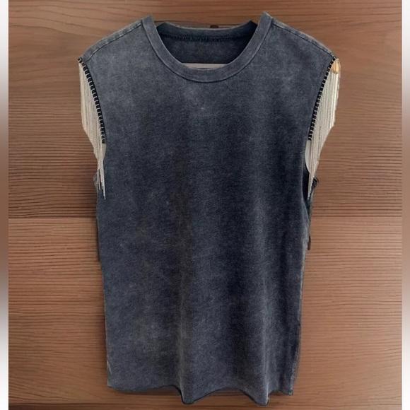 Silver Beaded Fringe Washed Black Grey Western T Shirt Tank Top NWOT Size M - Picture 1 of 9